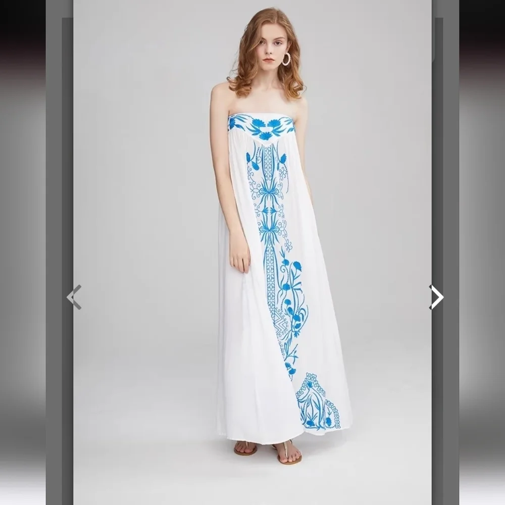 Chic White and Blue Strapless Maxi Dress - Picture 9 of 16